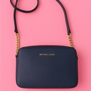 Michael Kors Dark Blue Crossbody Bag with Gold Accents